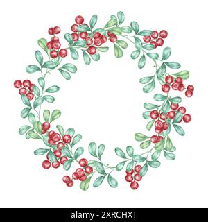 Acquerello con corona di mirtilli rossi e foglie verdi in una cornice circolare. Lingonberry ideale per biglietti di Natale, inviti stagionali e decorazioni natalizie. Foto Stock