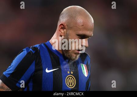 Monza, Italia, 7 agosto 2024. Federico Dimarco dell'FC Internazionale reagisce durante l'amichevole di pre-stagione allo U-Power Stadium di Monza. Il credito immagine dovrebbe essere: Jonathan Moscrop / Sportimage Foto Stock