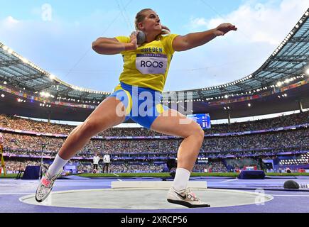 Parigi, Francia. 9 agosto 2024. Fanny Roos di Svezia gareggia durante il tiro femminile piazzato finale di atletica leggera ai Giochi Olimpici di Parigi 2024 a Parigi, Francia, 9 agosto 2024. Crediti: Canzone Yanhua/Xinhua/Alamy Live News Foto Stock