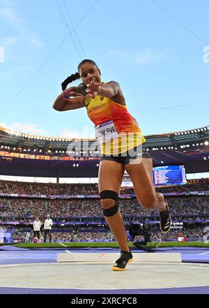 Parigi, Francia. 9 agosto 2024. La tedesca Yemisi Ogunleye gareggia durante la finale di atletica leggera alle Olimpiadi di Parigi 2024, a Parigi, in Francia, 9 agosto 2024. Crediti: Canzone Yanhua/Xinhua/Alamy Live News Foto Stock