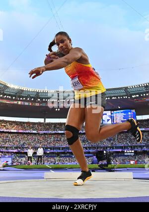 Parigi, Francia. 9 agosto 2024. La tedesca Yemisi Ogunleye gareggia durante la finale di atletica leggera alle Olimpiadi di Parigi 2024, a Parigi, in Francia, 9 agosto 2024. Crediti: Canzone Yanhua/Xinhua/Alamy Live News Foto Stock