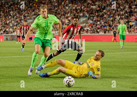 Londra, Regno Unito. 09 agosto 2024. Londra, Inghilterra, 09 agosto 2024: Kevin Behrens (17 VfL Wolfsburg) in azione durante l'amichevole tra Brentford e Wolfsburg al Gtech Community Stadium di Londra, Inghilterra. (Pedro Porru/SPP) credito: SPP Sport Press Photo. /Alamy Live News Foto Stock