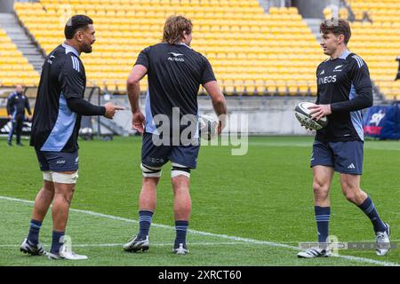 Ardie Savea (a sinistra) e Jordie Barrett (a destra) si riscaldano durante la All-Black's Captains Run davanti all'odierno scontro del Lipovitan-D Rugby Championship contro l'Argentina a Wellington, nuova Zelanda. Foto Stock