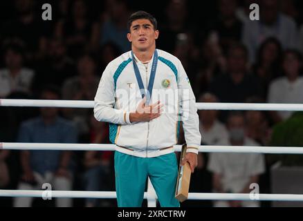 Asadkhuja Muydinkhujaev (Uzbekistan) vince l'oro contro Marco Alonso Verde Alvarez (Messico) nella finale maschile di 77 kg il giorno 14 dei Giochi Olimpici di Parigi 2024 allo stadio Roland-Garros il 9 agosto 2024 a Parigi, Francia. (Immagine di credito: © Ulrik Pedersen/Cal Sport Media) Foto Stock
