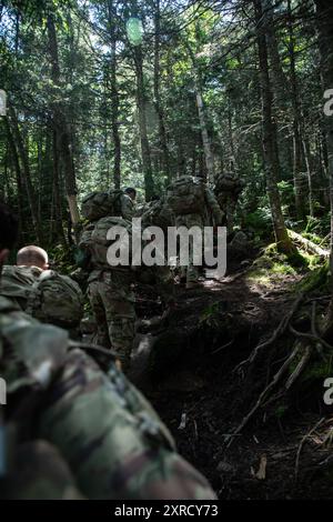 I soldati di tutta la 10th Mountain Division salgono la bassa montagna Wolfjaw durante la Warrior Alpine Readiness Week Adirondack Lane vicino alla catena montuosa Adirondack, 8 agosto 2024. La settimana della GUERRA, un evento che si estende per più giorni, ha onorato il patrimonio, le tradizioni e l'eredità della 10th Mountain Division creando una base di abilità di alpinismo e clima freddo tra i soldati. (Foto U.S. Army di SPC. Elijah Campbell) Foto Stock