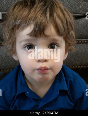 Bambino caucasico di due anni che si guarda intorno con gli occhi marroni pieni di meraviglia e innocenza. Ritratto senza posa. Foto Stock