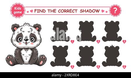 Carino cucciolo di panda, trova la giusta forma d'ombra. Educazione dei bambini gioco di puzzle logico. Divertente personaggio cartoni animati di mammiferi selvatici. Cerca silhouette Illustrazione Vettoriale