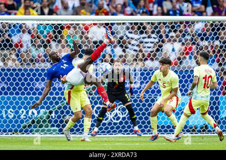 Parigi, Francia. 9 agosto 2024. Olimpiadi, ultima partita di calcio maschile tra le squadre nazionali spagnola e francese allo stadio Parc des Princes. Jean Philippe Mateta. © ABEL F. ROS/Alamy Live News Foto Stock