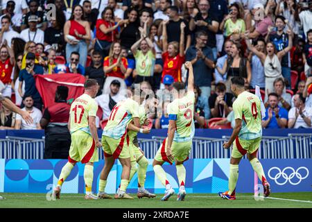 Parigi, Francia. 9 agosto 2024. Olimpiadi, ultima partita di calcio maschile tra le squadre nazionali spagnola e francese allo stadio Parc des Princes. Celebrazione degli obiettivi. © ABEL F. ROS/Alamy Live News Foto Stock