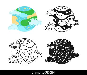 Set di cartoni animati simbolo Terra-pianeta. Semplice icona del pianeta del sistema solare Doodle. Pianeta Terra lineare astratto infantile. Firma la forma grafica della sfera spaziale globale per l'infografica e l'app del sito Web. Illustrazione vettoriale Illustrazione Vettoriale