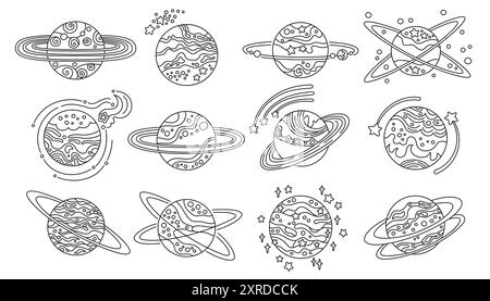 Planets fantasy cartoon Doodle set per bambini. I pianeti astratti della galassia delineano il design. Fantastico cosmo, collezione di sfere spaziali celesti pianeti arte. Illustrazione isolata del design del fumetto vettoriale Illustrazione Vettoriale