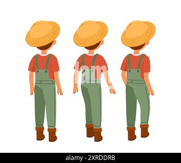 Costruttore agricolo maschio. Ragazzo con vista generale sul retro. Kit per la creazione di animazioni. Pacchetto di personaggi in varie pose. Agricoltura e agricoltura. Piatto Illustrazione Vettoriale