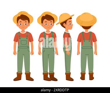 Costruttore agricolo maschio. Ragazzo in tuta e cappello. Kit per la creazione di cartoni animati e personalizzazioni. Confezione di personaggi in pose diverse. Agricoltura e.. Illustrazione Vettoriale