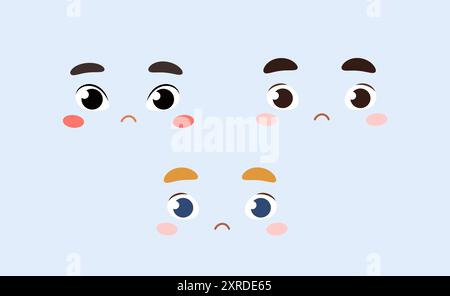 Uomo faccia costruttore. Emozioni e sentimenti diversi. Kit per la creazione di avatar sui social media. Confezione di occhi e sopracciglia con rossore. Vettore piatto Illustrazione Vettoriale