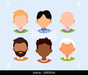 Uomo faccia costruttore. Persone senza volto di diversi gruppi etnici. Kit per la creazione di avatar sui social media. Confezione di teste. Caucasico, afroamericano Illustrazione Vettoriale