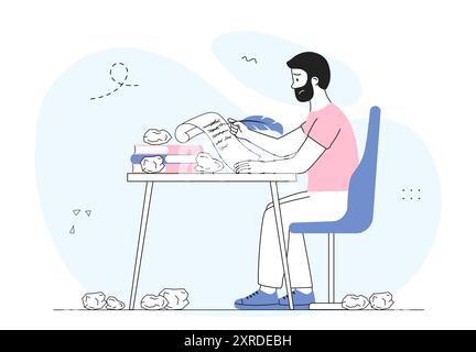 Uomo senza ispirazione. Lo scrittore triste si siede a tavola con carta e penna. Il giovane ragazzo non sa cosa scrivere. Procrastinazione e frustrazione. Lineare Illustrazione Vettoriale
