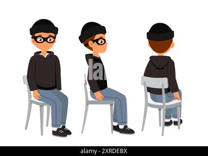 Costruttore di ladri maschio. Uomo con cappuccio nero, maschera e cappello seduto sulla sedia. Kit per la creazione di animazioni. Confezione di personaggi in pose diverse. Gangster Illustrazione Vettoriale