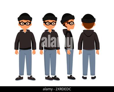 Costruttore di ladri maschio. Uomo con cappuccio nero e cappello. Kit per creare cartoni animati. Confezione di personaggi in pose diverse. Crimine e rapina. Vettore piatto Illustrazione Vettoriale
