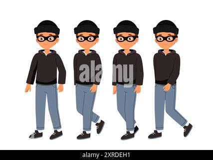 Costruttore di ladri maschio. Uomo con cappuccio nero, maschera e cappello. Kit per la creazione di animazioni. Confezione di personaggi in pose diverse. Gangster e bandito Illustrazione Vettoriale