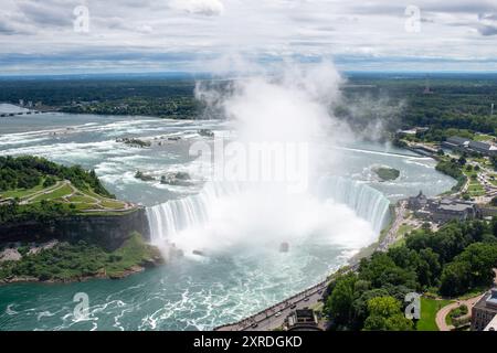 Scene delle Cascate del Niagara dalla Skylon Tower sul lato canadese delle Cascate del Niagara, Ontario, Canada. Foto Stock