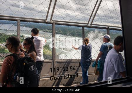 Scene delle Cascate del Niagara dalla Skylon Tower sul lato canadese delle Cascate del Niagara, Ontario, Canada. Foto Stock