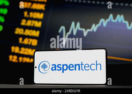 Paraguay. 09 agosto 2024. In questa immagine, il logo Aspen Technology, Inc. (AspenTech) viene visualizzato sullo schermo di uno smartphone. (Foto di Jaque Silva/SOPA Images/Sipa USA) *** esclusivamente per notizie editoriali *** credito: SIPA USA/Alamy Live News Foto Stock