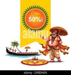 Nuovo festival del Kerala Happy onam con sfondo bianco indiano, da utilizzare per poster, opuscoli, banner. disegno dell'illustrazione vettoriale astratta Illustrazione Vettoriale