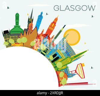 Skyline di Glasgow, Scozia, con edifici colorati, cielo blu e spazio copia. Illustrazione vettoriale. Illustrazione Vettoriale