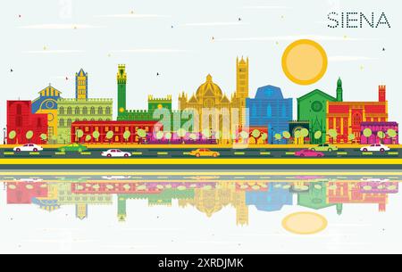 Siena Toscana Italia skyline della città con edifici di colore, cielo blu e riflessi. Illustrazione Vettoriale. Illustrazione Vettoriale