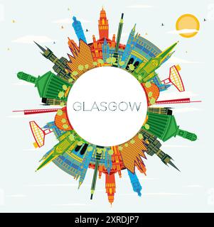 Skyline di Glasgow, Scozia, con edifici colorati, cielo blu e spazio copia. Illustrazione vettoriale. Concetto di viaggi d'affari e turismo. Illustrazione Vettoriale