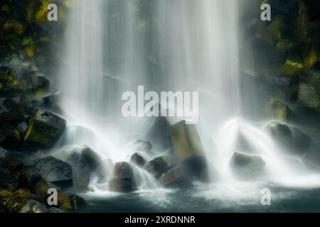 Dettaglio della cascata Svartifoss in Islanda, rocce di basalto e fiume, scattato con teleobiettivo Foto Stock