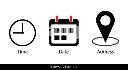 Illustrazione vettoriale degli elementi dell'evento icona di ora, data e indirizzo o posizione. Illustrazione Vettoriale