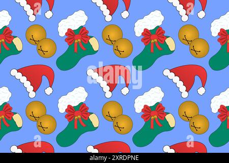 Motivo festivo senza cuciture con calze natalizie, cappelli di Babbo Natale e campane jingle. Perfetto per decorazioni natalizie, carta da imballaggio e artigianato. Illustrazione Vettoriale