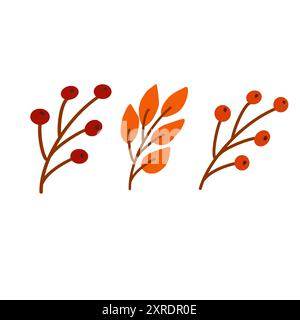 Rami decorativi d'ispirazione autunnale con bacche rosse e foglie d'arancia in una semplice illustrazione Illustrazione Vettoriale