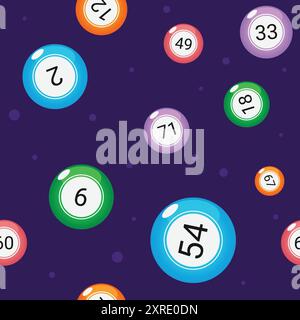 Divertente schema bingo con palline numeriche multicolore su sfondo viola scuro. Ornamento vettoriale senza cuciture per striscioni, poster, pacchetti, copertine. Illustrazione Vettoriale