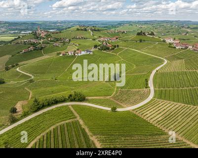 Panoramic view from above of the wine-growing landscape of the Langhe, Piedmont, Italy, they are inscribed on Unesco's World Heritage list. Foto Stock