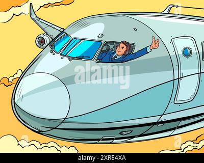 Il pilota mostra un pollice in su dalla cabina di pilotaggio dell'aereo. Viaggi sicuri e confortevoli. Professionista nel suo campo, studiando per diventare pilota. RET. Pop Art Illustrazione Vettoriale