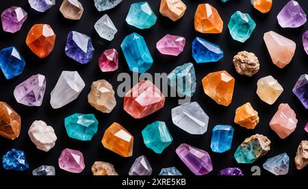 Pietre preziose, cristalli e diamanti di diverse forme e colori su sfondo nero. Minerali e cristalli per la guarigione dell'energia pronti per la preghiera spirituale Foto Stock