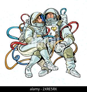 Un paio di uomini e donne nello spazio. Relazioni romantiche a qualsiasi distanza. Gli astronauti esplorano l'universo insieme. Pop Art retro Vector Ill Illustrazione Vettoriale