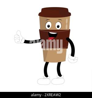 Il logo della mascotte Coffee Cup, una divertente mascotte con una tazza di caffè che sorride con varie espressioni, è perfetto per caffetterie e caffetterie in cerca di un'atmosfera amichevole Illustrazione Vettoriale