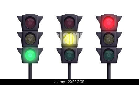 Collezione di semafori a tre colori realistici per la strada. Illustrazione vettoriale. Illustrazione Vettoriale