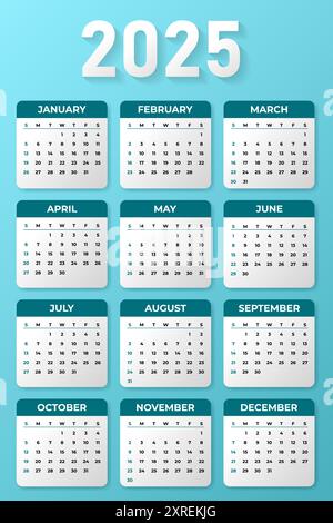 Modello di progettazione calendario 2025 anni. Griglia a calendario da parete in stile minimalista. Le settimane iniziano domenica. Illustrazione Vettoriale