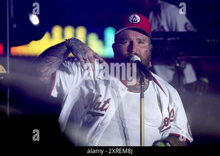 Washington, DC, USA. 9 agosto 2024. Teddy Swims si esibisce alla Nationals Summer Concert Series al Nationals Park di Washington, DC il 9 agosto 2024. Crediti: Mpi34/Media Punch/Alamy Live News Foto Stock