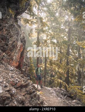 L'uomo fa una pausa lungo il River Trail nell'Olympic National Park Foto Stock