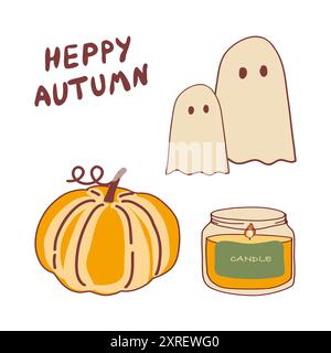 Affascinante illustrazione autunnale con zucca, candele e fantasmi stravaganti per la stagione autunnale Illustrazione Vettoriale