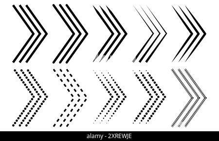 Icone delle frecce direzionali di avanzamento rapido. Icone vettoriali del segno freccia e del puntatore freccia. Illustrazione Vettoriale