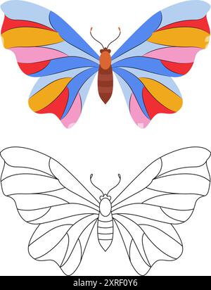 Modello pagina colore farfalla. Colorato e bianco nero a forma di doodle a farfalla. Bellissimi insetti allineano l'arte, disegnati a mano. Stile retrò. Primavera estate. Libro da colorare Illustrazione Vettoriale