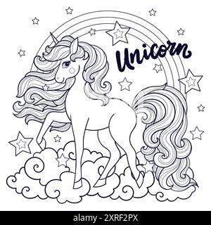 Bellissimo unicorno con arcobaleno. Disegno della linea in bianco e nero. Carino personaggio mitico. Per la progettazione di libri da colorare, stampe, poster e cartoline per bambini Illustrazione Vettoriale