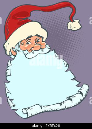 La faccia gentile di Babbo Natale con la barba come una lista. Il prossimo anno e Natale. Selezione ritardata di regali per i propri cari. Cartoni animati pop Illustrazione Vettoriale