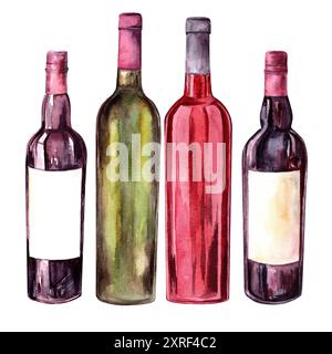 Set di bottiglie in vetro in diversi colori. Illustrazione ad acquerello isolata disegnata a mano. Adatto per la progettazione di menu, biglietti per vini, biglietti d'auguri, clip art, inviti Foto Stock